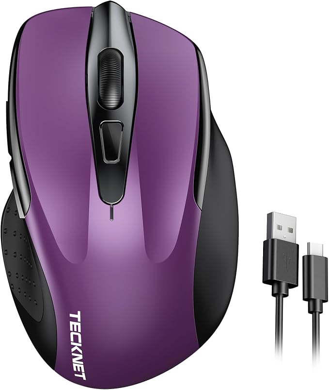TECKNET Wireless Mouse Rechargeable, 2.4G USB-A Silent Mouse, Quiet Click, 6 Adjustable 4800 DPI, Cordless Computer Mice, Ergonomic Mice for Laptop, 6 Buttons for Chromebook, Ergo Grip - Purple