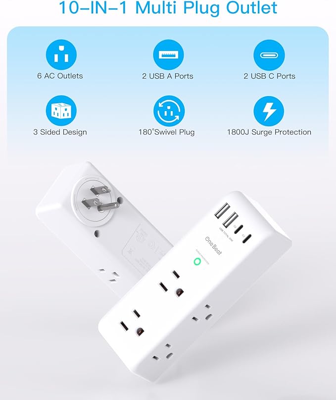 PD 30W Surge Protector Outlet Extender, Rotating Plug, One Beat 6 AC Multi Plug Outlet with 4 USB Ports (2 USB C), 1800J, 3-Sided Swivel Power Adapter with Spaced Outlet Splitter for Home Office Dorm