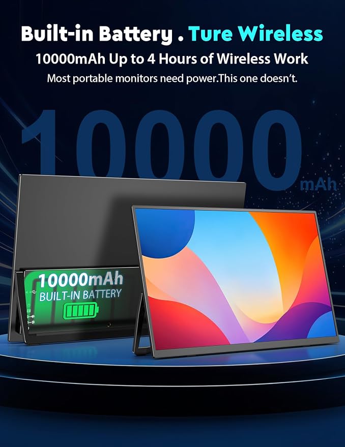 18.5" True Wireless Portable Monitor, 1080P FHD, 10000mAh Battery, Wireless Screen Mirroring (AirPlay/Miracast), Auto Rotation for Phone/Tablet, USB‑C & Mini HDMI, VESA, Protective Sleeve Included