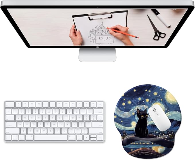Hancynir Black Cat Ergonomic Mouse Pad Wrist Support, Starry Night Gel Mouse Pads with Wrist Rest, Cute Computer Mousepad for Desk with Non-Slip PU Base, Comfortable Mouse Pad Office Desk Accessories