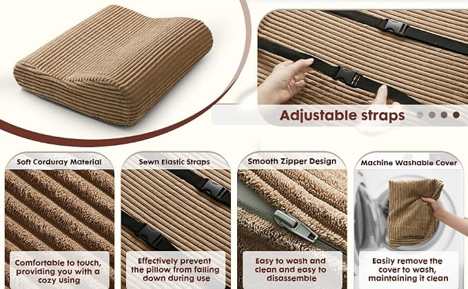 B Shape Corduroy Recliner Foot Pillow, Foam Extra Large Foot Rest Cushion with Adjustable Straps, Suitable for Bed Chair Sofa Headrest Back Lumbar Leg Support Pillow (Light Brown)