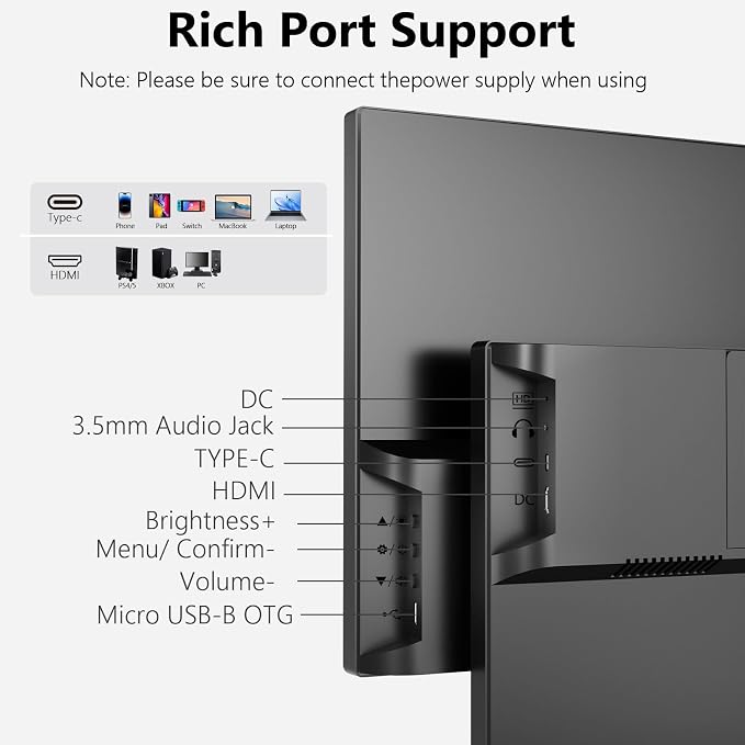 21.5inch Large Portable Monitor for Laptop, FHD 1080P 75Hz VESA Supported USB-C HDMI Extender Computer Monitor for Working Business Gaming