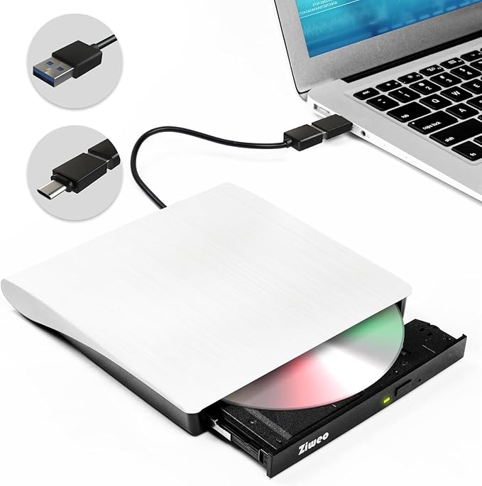 Ziweo External DVD Drive USB 3.0 Type-C Portable CD DVD +/-RW Drive for Laptop DVD Player CD ROM Rewriter Burner Compatible with Laptop Desktop PC Windows MacBook Mac Linux Mac OS Upgrade White