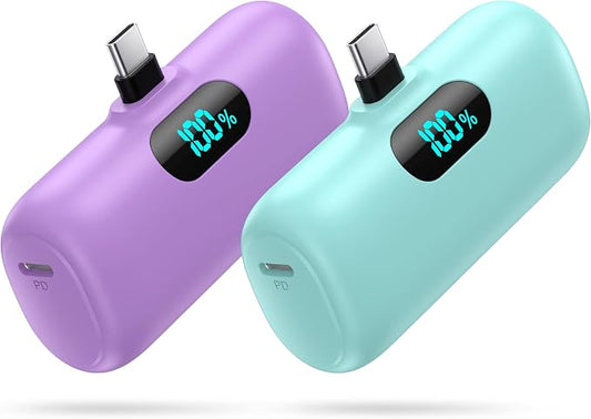 [2-Pack] Mini Portable Charger 5000mAh Power Bank,3A PD USB C Cell Phone Portable Power, LCD Display Battery Pack Compatible with iPhone 17/17 Air/16/16 pro/15/15 pro Max/Android/Samsung/Moto/LG etc