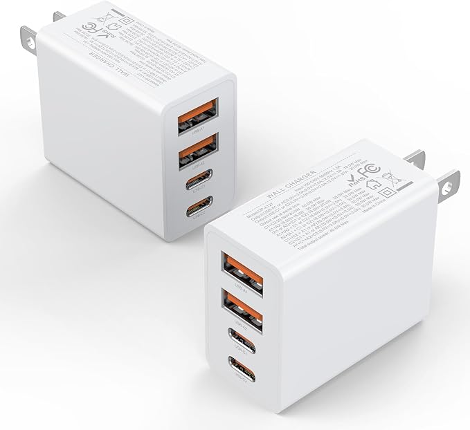 2Pack USB C Charger Block, 40W Fast USB C Wall Charger 4-Port PD Power Adapter + QC Wall Plug Multiport Type C Charging Block Cube for iPhone 17 16 15 Pro Max XR XS 8 7, iPad, Galaxy, Tablet - White