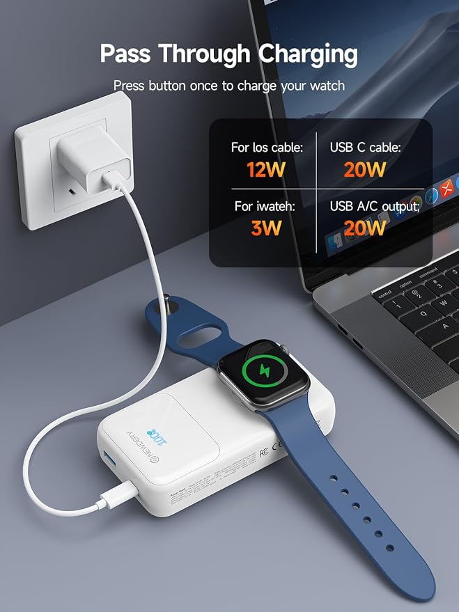 NEWDERY 5-in-1 Portable Charger 20000mAh Power Bank for Apple Watch/iPhone, PD 20W Fast Charging with LED Display, Built-in 2 Cables, Travel Battery Pack Compatible with iWatch, iPad, Samsung