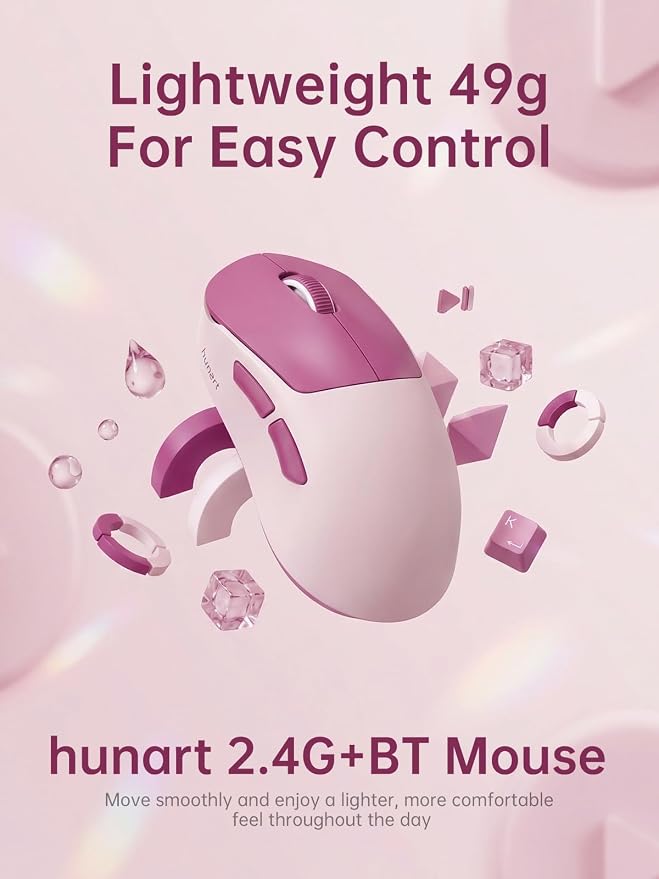 hunart H6 49g Wireless Mouse, Bluetooth & 2.4GHz Rechargeable Mouse, Lightweight Silent Ergonomic Mouse with USB-C Charging, Portable Right-Hand Office Mouse for Laptop, PC, MacBook(Berry Pink)