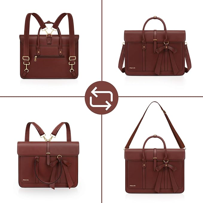 MOSISO Laptop Bag for Women, 15-15.6 inch PU Leather Laptop Shoulder Bags Convertible Backpack, 16 inch Messenger Bags Casual Handbag Work Briefcase Travel Computer Bag with Bowknot, Brown
