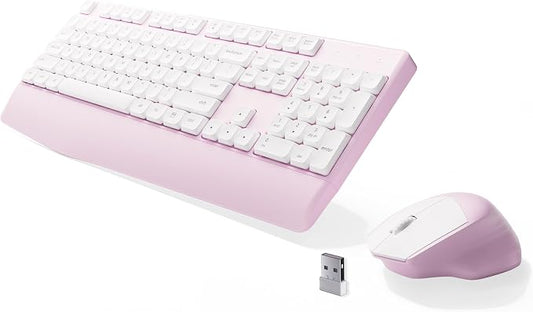 MPTOG Ergonomic Keyboard and Mouse Combo with Wrist Rest, BK Chipset, Full-Size Colorful Office Keyboard and Mouse, Power Button, USB Receiver for PC Laptop(Pink White)