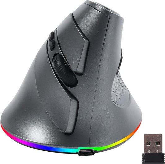 Wireless Mouse, Vertical Ergonomic Mouse 2.4G Bluetooth Dual Mode 3 DPI Rechargeable Connect Multiple Devices Vertical Mouse 6 Buttons and RGB Lights Suitable for PC Laptop Computer(Grey)