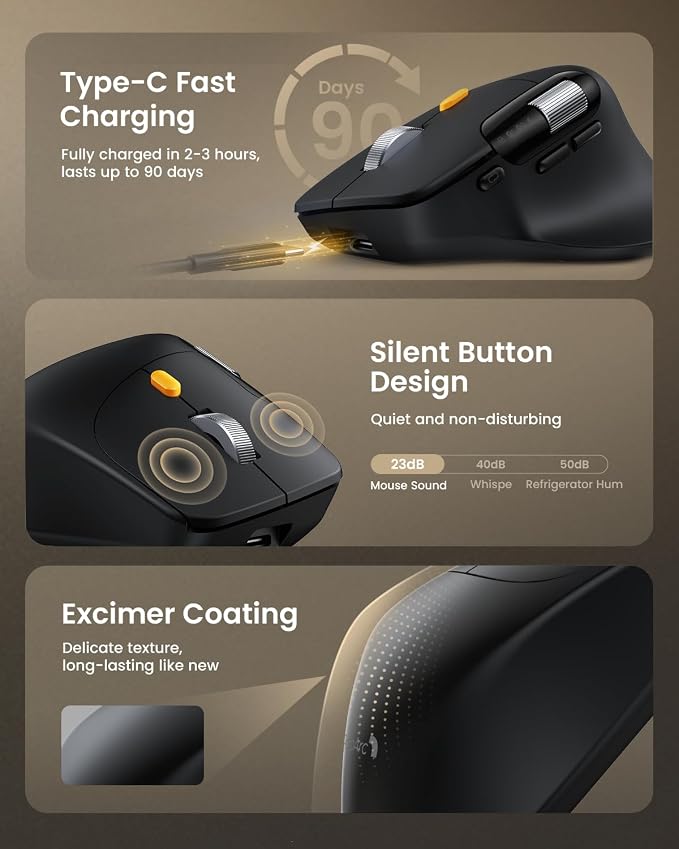 ProtoArc Ergonomic Wireless Mouse, EM25 Fast Scrolling & Side Scroll, Customizable Bluetooth Rechargeable Mouse, 8000 DPI for Medium to Large Hands, Compatible with Windows/Mac/Android, Black