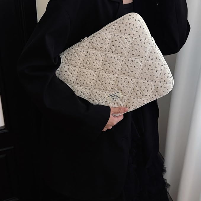 Puffy Laptop Sleeve 13-15.6 Inch Corduroy Quilted Laptop Protective Case Cute Floral Computer Sleeve Protective for MacBook (Cream Ditsy, 13-14 Inch)