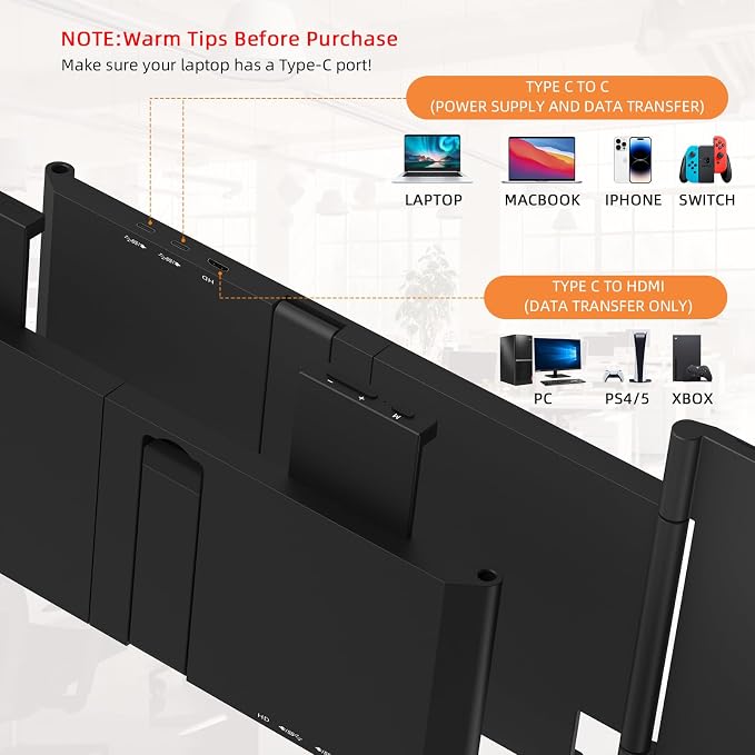 Laptop Screen Extender, 14" FHD IPS 1080P Portable Monitor for Laptop Mini HDMI/Type-C PC Display Extender Fits 14"-16.5" Laptops,Plug & Play for Windows/Mac/Android/Switch/PS5