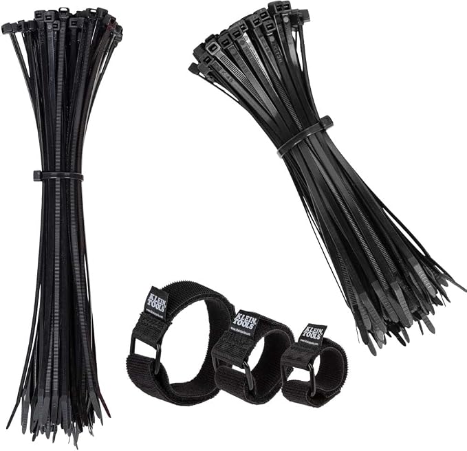 Klein Tools 80071 Industrial Cable Management Kit, 50-Pound Tensile Strength Zip Ties, Hook and Loop Cinch Straps, 3-Piece Multi-Size Pack