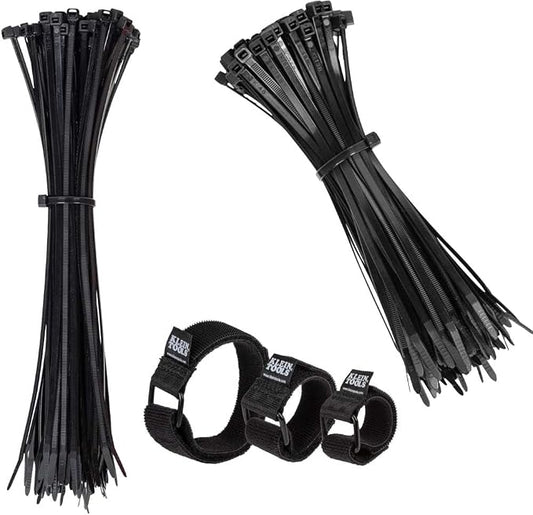 Klein Tools 80071 Industrial Cable Management Kit, 50-Pound Tensile Strength Zip Ties, Hook and Loop Cinch Straps, 3-Piece Multi-Size Pack