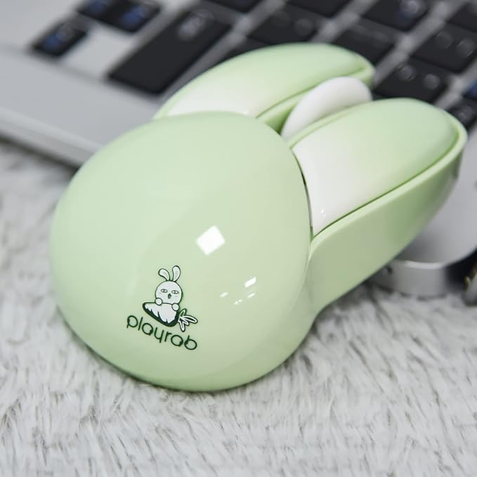 Lomiluskr Cute Bunny Wireless Mouse, Lightweight Soundless Mice, 2.4G Wireless Mice, Candy Colors, Kawaii Rabbit Mouse for Girls and Kids (Green Bunny)