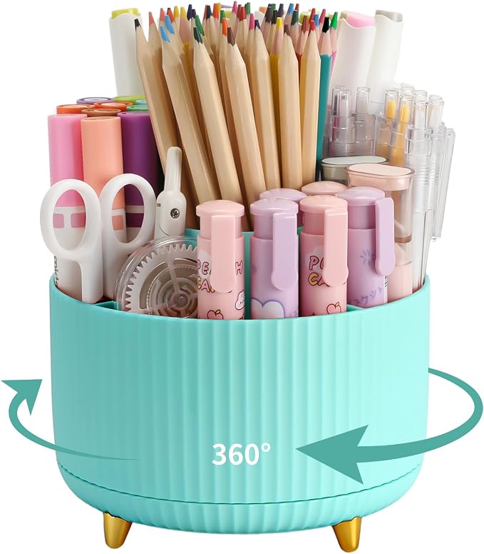 Camelmother Pen Holder For Desk With 5 Slots 360°Rotating Pencil Holder Makeup Organiezr Teacher Supplies Office decor (blue)