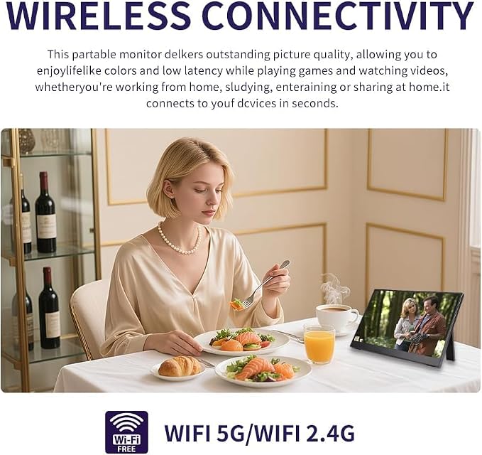 QQU 15.6 Inch Wireless Portable Monitor, HDR Eye Careful Gaming Monitor, FHD IPS/HDR Computer Screen Extender with Built-in Speakers, Compatible with Laptop PC Phone PS4/PS5 Switch