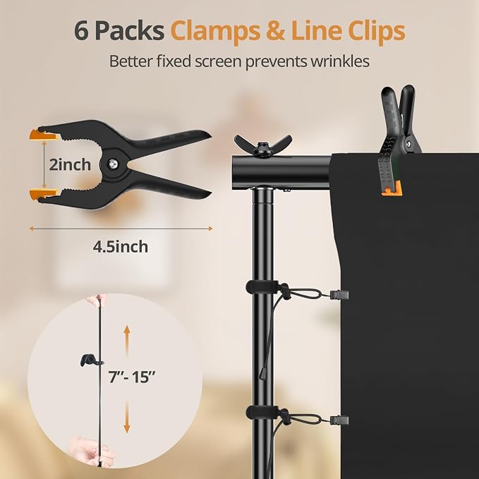 10×7FT Black Backdrop with Stand Kit, 6×9FT Black Screen Background with Photography Stand, 6 Clamps and Carrying Bag for Photo Shoot, Video Recording, Streaming, Decoration