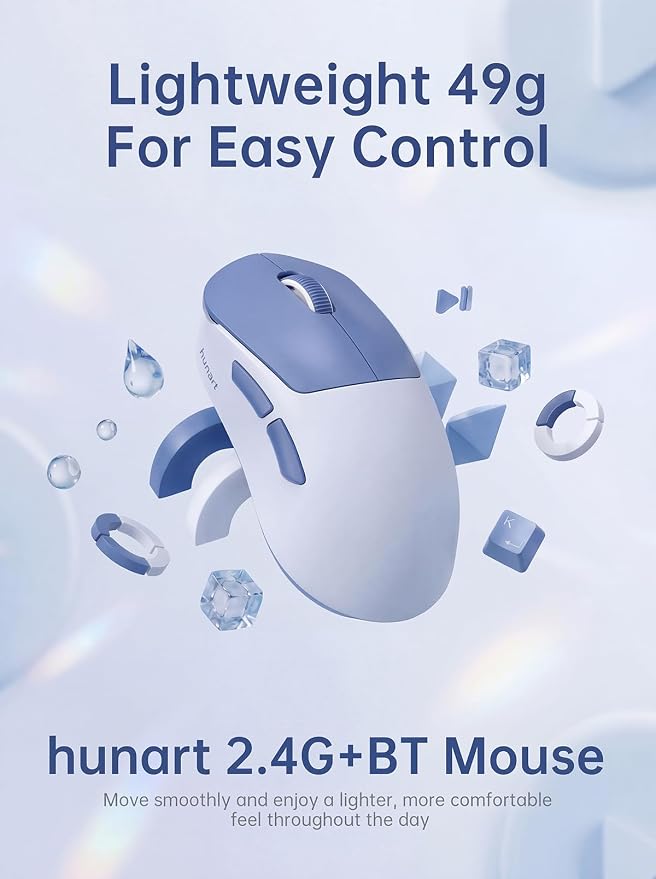 hunart H6 49g Wireless Mouse, Bluetooth & 2.4GHz Rechargeable Mouse, Lightweight Silent Ergonomic Mouse with USB-C Charging, Portable Right-Hand Mouse for Laptop, PC, MacBook, Office (Blue)