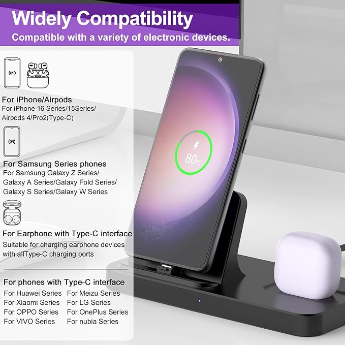 2 in 1 Charging Station for Multiple Devices, Charger Dock for iPhone 17/16/15 Series with Type-C Interface and Samsung Galaxy S25 Ultra/S25/S24/Note20/A55/A35/Z Fold/Z Flip and Earbuds, Black
