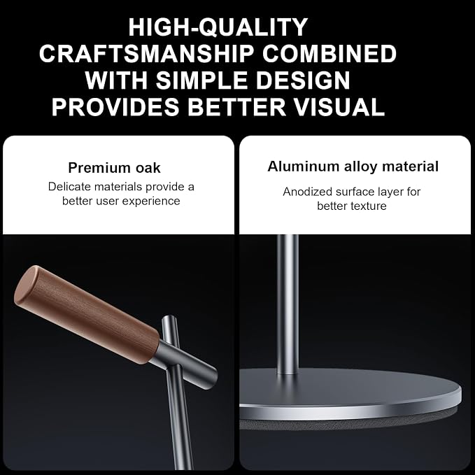 Oak Headphone Stand, Wood Headset Stand for Desk, Universal Holder for Airpods max, Bose, Beats, Gaming, Apple Vision Pro, VR Display Stand (Gray)