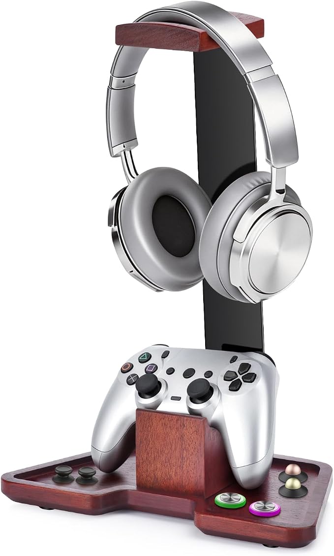 Headset Stand with Gaming Controller Holder, Walnut Wood Headphone Stand with Storage Base,Gaming Equipment Accessories for Desk, Boyfriends, Brothers, Xbox, PS4, PS5, PC