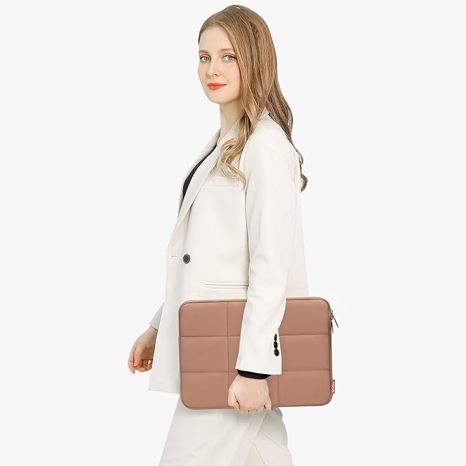 MOSISO Laptop Case 13.3 inch, 13-13.3 inch Puffy Laptop Sleeve Compatible with MacBook Air 13 13.6/Pro 13/Pro 14, HP Dell ASUS Lenovo, Rectangle Quilted Puffer Computer Bag for Women, Brown