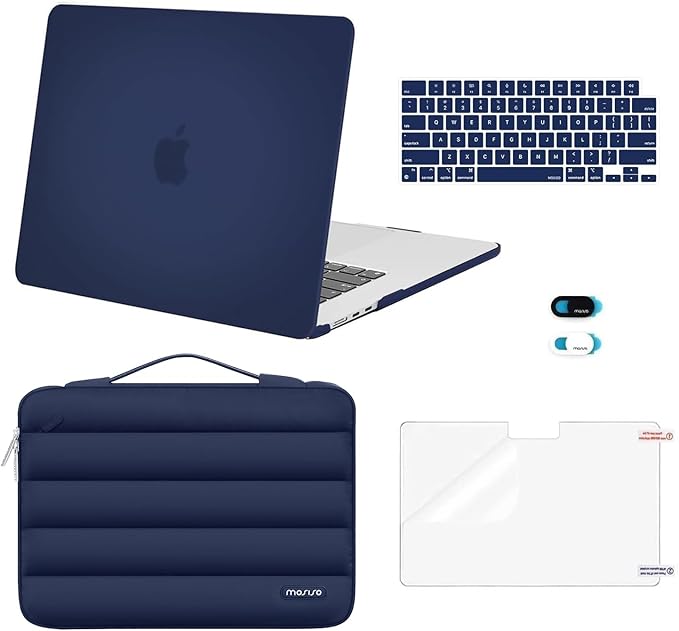 MOSISO Compatible with MacBook Air 15 inch Case M5 2026 M4 2025 M3 2024 M2 2023 A3448 A3241 A3114 A2941, Plastic Hard Shell Case&Puffy Sleeve Bag&Keyboard Skin&Webcam Cover&Screen Film, Navy Blue
