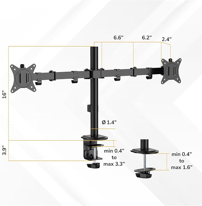 Mount-It! Dual Monitor Stand, Full Motion Desk Mount for 2 Screens up to 32” and 19.8 lbs Each, Tilt Swivel Rotate, VESA 75x75 & 100x100, Adjustable Dual Screen Arm with C-Clamp or Grommet