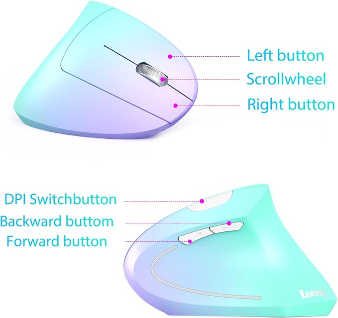 Lekvey Ergonomic Mouse, USB-C Wireless Vertical Mouse, Rechargeable Dual Mode Mice with 2.4G USB-A Receiver and Type-C Adapter, 3 Adjustable DPI, Relieves Wrist Pain, for Laptop, PC, Mac, Green Violet