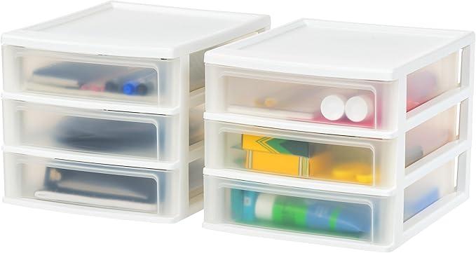 IRIS USA Plastic Stacking Desk Top 3-Drawer Storage Organizer, 2-Pack, for Makeup Vanity Nail Polish Bathroom Stationery Art Craft Supplies Kitchen Office Garage and Small Organization, Medium, White