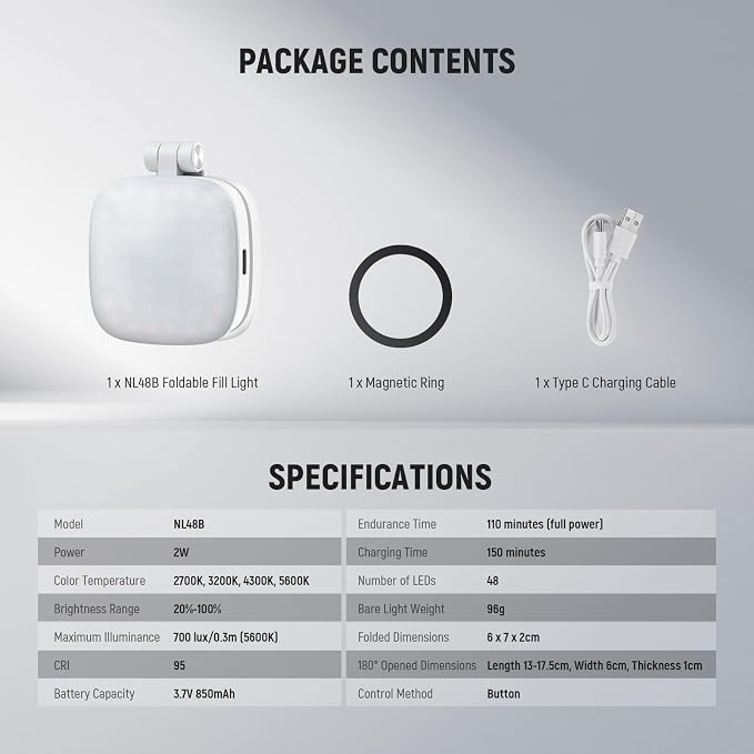 NEEWER BASICS Magnetic Selfie Light Compatible with MagSafe iPhone, CRI95 700lx/0.3m Folding LED Phone Fill Ring Lighting with Mirror for Zoom Makeup Photography Recording Video Conference,White NL48B
