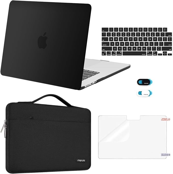 MOSISO Compatible with MacBook Air 15 inch Case M5 2026 M4 2025 M3 M2 2024 2023 A3448 A3241 A3114 A2941,Protective Hard Shell&Carrying Sleeve Bag&Keyboard Cover&Webcam Cover&ScreenFilm, Black