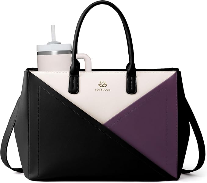 LOVEVOOK Laptop Tote Bag for Women with Large Cup Holder, 16 Inch PU Leather Work Bag Teacher Tote Bag, Waterproof Computer Bags Business Office Briefcase Handbag
