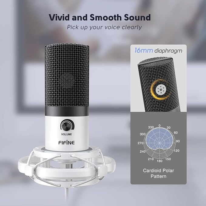 FIFINE USB Recording Microphone Kit, Studio Condenser Microphone for Vocals Music Creation, Voice-Over, Singing with Metal Boom Arm, 16mm Diaphragm, Podcast Mic Set-T669 White