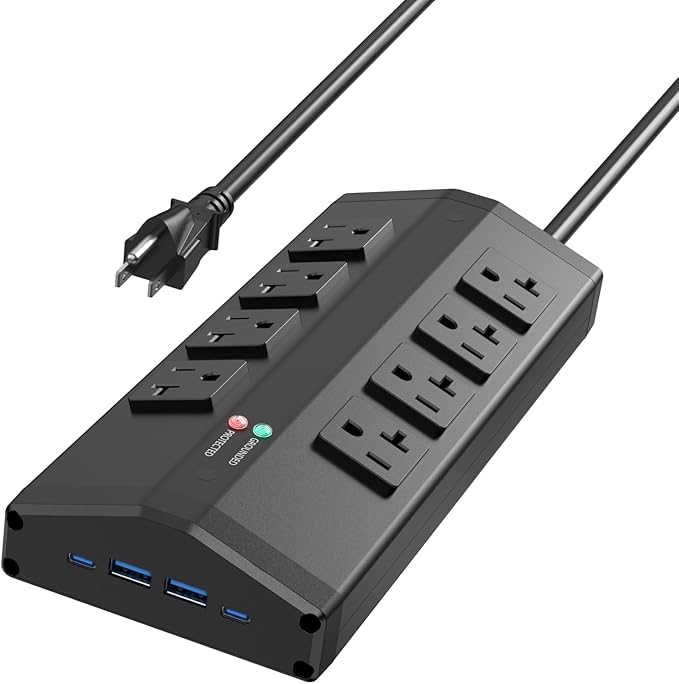 JUNNUJ Heavy Duty Power Strip with 8 Outlets and 4 USB Ports, Metal Wall Mount Surge Protector with 20 Amp 12 Gauge 4 FT Extension Cord for Garage, Industrial, Shop, ETL Listed