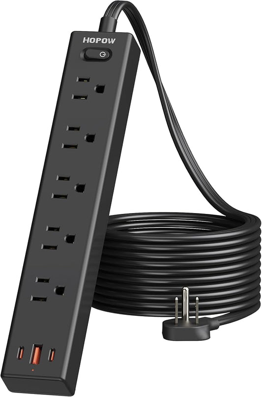 HOPOW Power Strip Surge Protector, 10 Ft Ultra Flat Extension Cord, Surge Protector with 5 Outlets & 3 USB Ports (2 USB C), 1700 Joules, Wall Mount, Desktop Charging Station for Home Office, Black