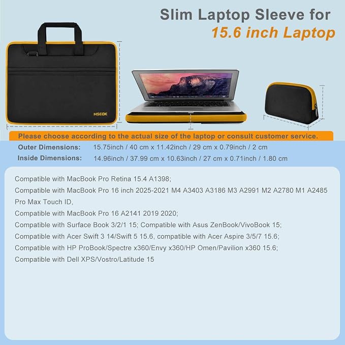 Hseok Laptop Shoulder Bag 15.6-16 inch Case,Water-Resistant Shockproof Computer Handbag with Small Case Compatible with MacBook Pro/Neo 16",Mac Air 15 M5, XPS 15/16 and most 15.6-16 PC,Black-yellow