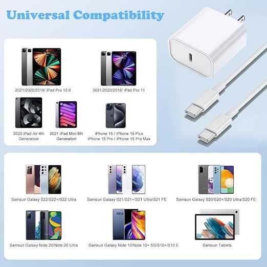 iPhone 17/16/15 Charger, USB C Charger,2Pack 20W Type C Fast Wall Charge Power Adapter,10FT 60W USB-C to C Cable for iPhone Air/17Pro Max/15/16 Pro Max,iPad Pro 12.9/11 inch,iPad Air 5/4th,AirPods Pro