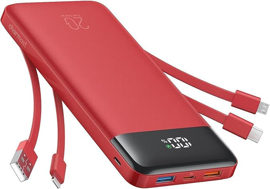 charmast 20000mAh Portable Charger with Built in Cables, 22.5W Travel Power Bank Fast Charging, USB C Cell Phone Battery Pack for iPhone 17/16/15/14/13/12 Series, iPad, Samsung, Android, Tablet