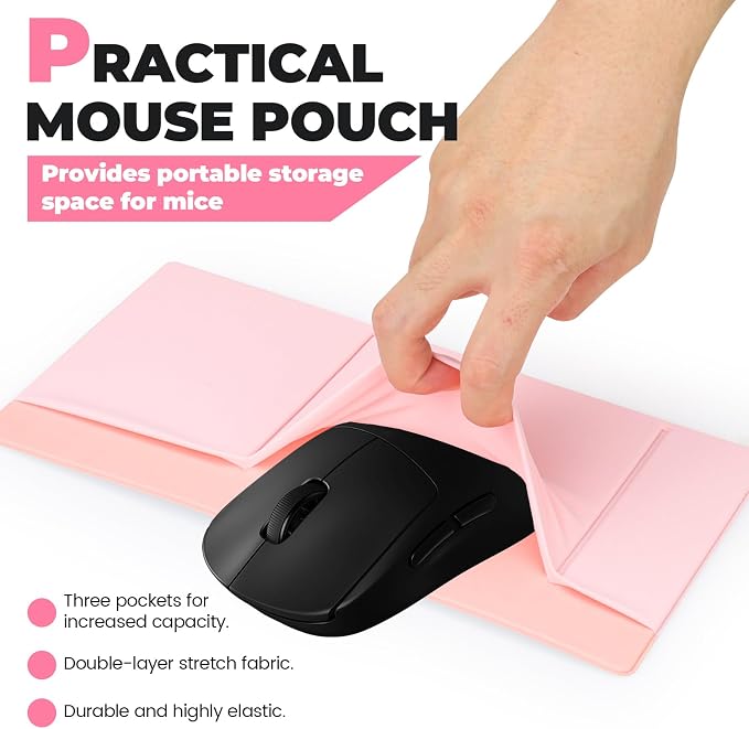 3-Pocket Laptop Pouch for Mouse & Hard Drive, Adhesive Holder Case Elastic Sleeve Pocket for External Portable SSD, Phone, USB Cable, Pen, Pink