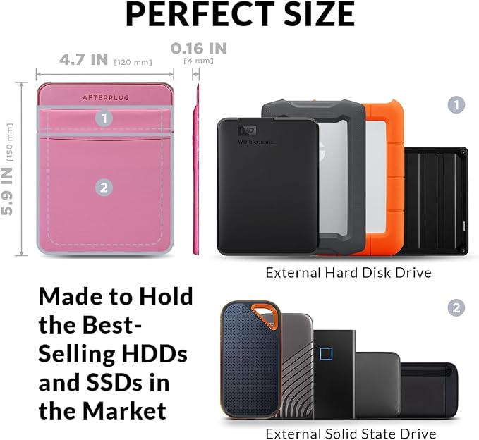 2-Pocket Adhesive Hard Drive Holder for Laptop, Stick-On Pocket Pouch for External Portable SSD, HDD, Slim Mouse and Cables (Large - Fits SSD & 2.5" Drives)