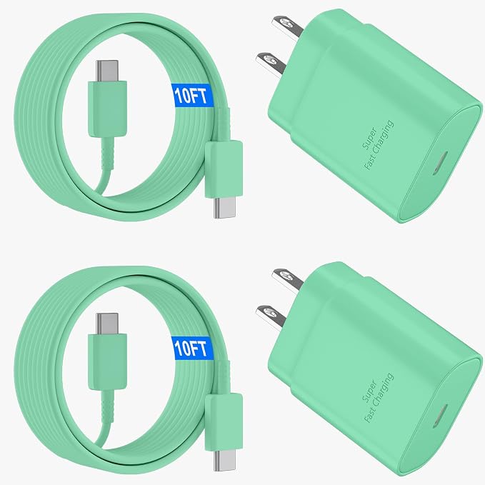 USB C Android Charger Fast Charging Cord, Super Fast Phone Chargers 10FT C to C Type Cable with 25W USBC Wall Block for Samsung Galaxy S26 S25 S24 Ultra Plus/S23/S22/S21/S20/Note 20/10, Green
