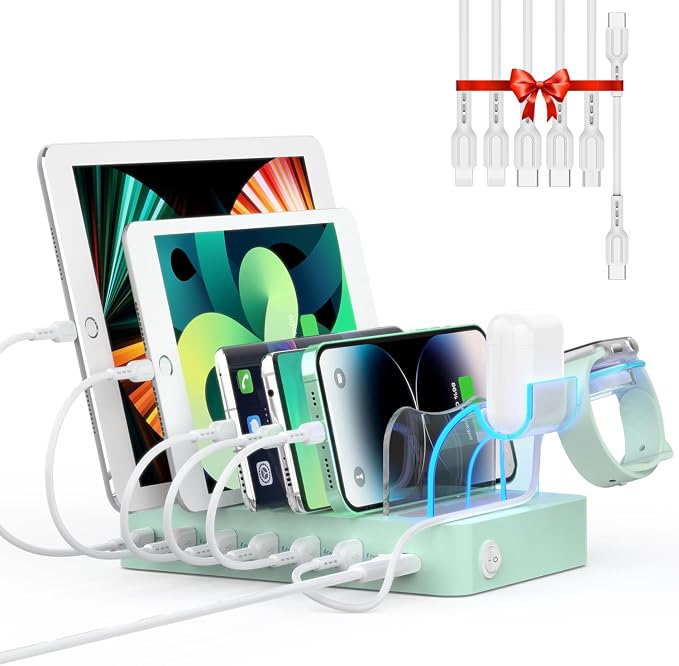 SooPii 60W/12A 6-Port Charging Station for Multiple Devices, PD 20W USB C Fast Charging for lPhone 14/13/12,6 Short Cables Included, 2 in 1 Holder,for Phones,Tablets and Others