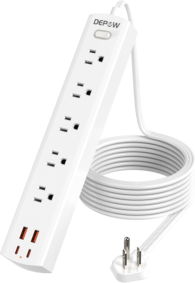 DEPOW Power Strip Surge Protector with 5 AC Outlets(1625W/13A) 4 USB Ports (2 USB C), Ultra Thin Extension Cord, Low Profile Flat Plug, 1700 Joules, Wall Mount for Home Office, White，10 Ft