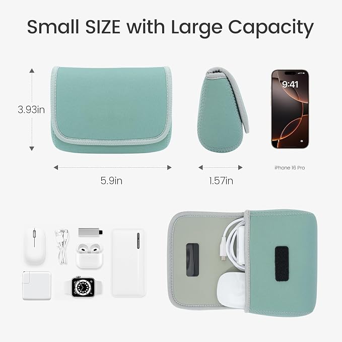 LENTION Mint Green Neoprene Tech Pouch, Portable Travel Organizer for MacBook Power Adapter, Power Bank, Charger, Cable & Small Electronics