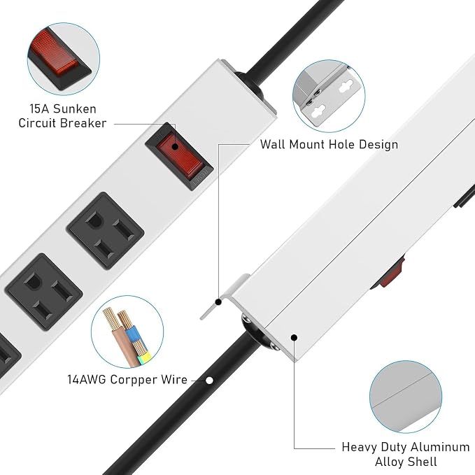 JUNNUJ Metal 12 Outlet Power Strip, Mountable Heavy Duty Power Strip, 1200J Surge Protector Wall Mount Screws Outlet with Switch, Gaming Desk Strips Wide Spaced 15A 125V 1875W, 15 FT 14AWG Power Cord