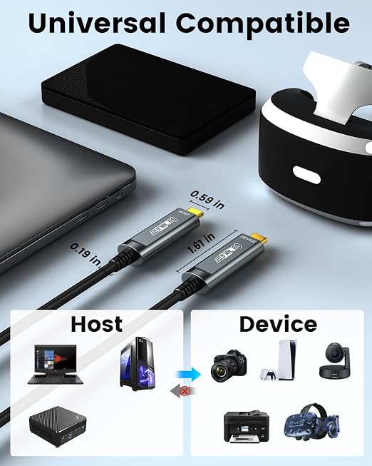 USB C Fiber Optic Cable 50FT, 10Gbps Active Optical USB 3.2 Gen2 Cable with German SiliconLine Chip, Long Distance for Machine Vision,Logitech 4K Camera,VR/AR,Video Conference,Industrial Equipment