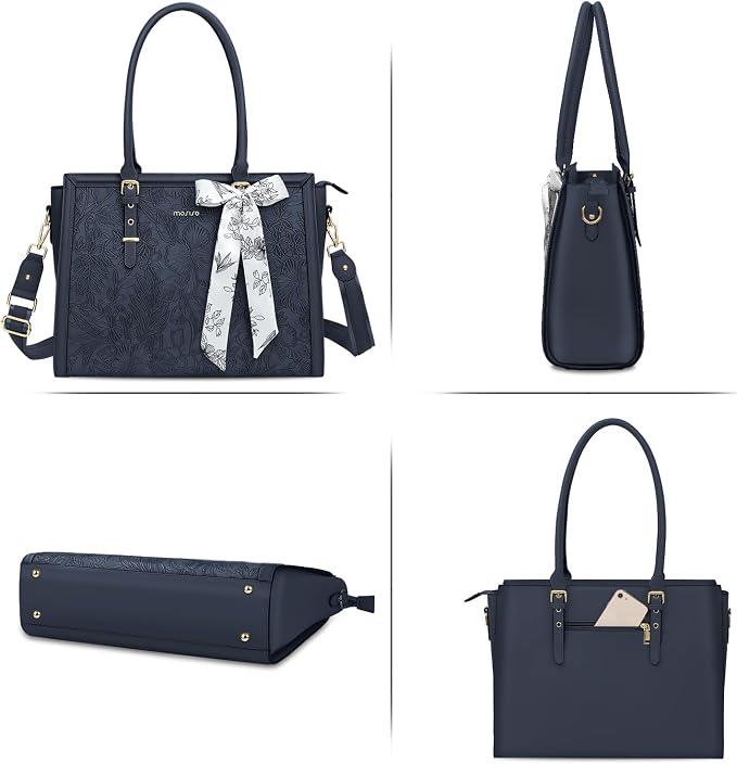 MOSISO Laptop Bag for Women, 17-17.3 inch PU Leather Tote Bag Compatible with MacBook, HP, Dell, Asus Notebook, Front Embossed Retro Hibiscus Computer Bags with Silk Scarf&Clutch Purse, Haze Blue